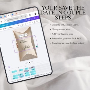 May include: A digital tablet displaying a Canva design interface for a wedding save the date video. The screen shows a beige envelope graphic with the names Olivia and John, alongside text instructions for editing, personalising, and sharing the file.