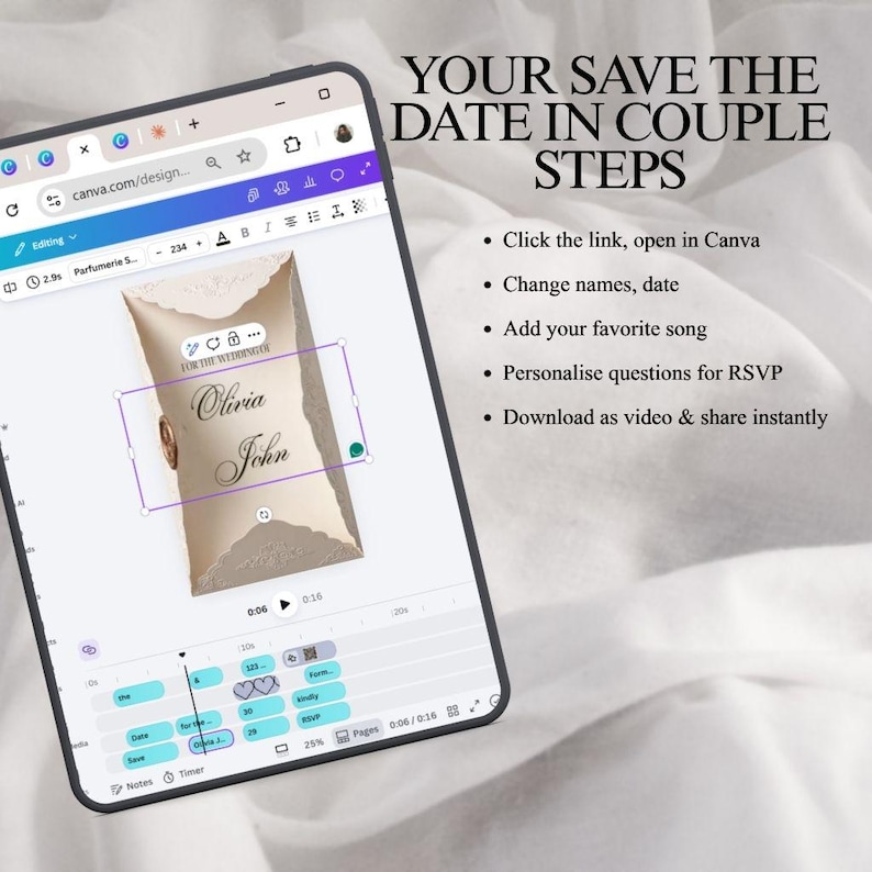 May include: A digital tablet displaying a Canva design interface for a wedding save the date video. The screen shows a beige envelope graphic with the names Olivia and John, alongside text instructions for editing, personalising, and sharing the file.