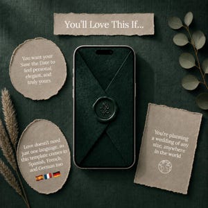 May include: A smartphone displaying a dark green envelope graphic with a rose wax seal, surrounded by beige paper cards with text including 'You'll Love This If...' and 'You want your Save the Date to feel personal, elegant, and truly yours'.