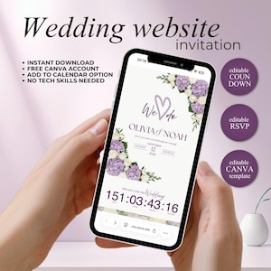 May include: A smartphone displays a wedding website invitation. The design features floral accents, the text "We do," and the names Olivia & Noah. Additional text includes "Instant Download," "Free Canva Account," and "Add to Calendar Option."