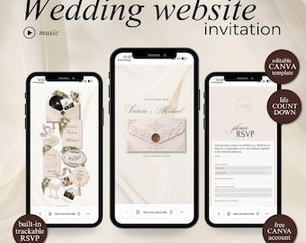 May include: A digital wedding website invitation template displayed on three smartphones. The screens show an envelope with a wax seal, RSVP forms, and event details. Text includes Wedding website invitation, Victoria & Michael, and please RSVP.