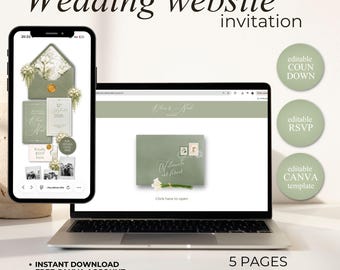May include: A digital wedding website invitation template displayed on a smartphone and laptop screen. The design features sage green envelopes, floral accents, and text including "Wedding website invitation," "editable COUNT DOWN," "editable RSVP," and "editable CANVA template."