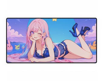 Kurumi: Lovely Fantasy - Sexy waifu de cabello rosa en lencería azul. Arte original de anime. Tapete de escritorio XXL de 80 x 39 cm (31,5 x 15,5 pulgadas) para juegos, ratón y cartas coleccionables.