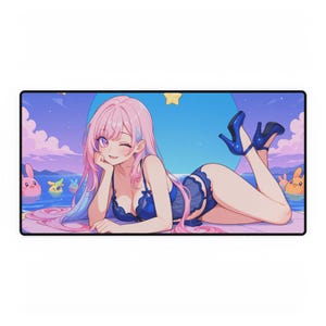Kurumi: Lovely Fantasy - Sexy Pink Haired Waifu In Blue Lingerie Original Anime Art, 31.5&quot;x15.5&quot; Anime-Themed Desk Mat | Gaming Mouse Pad