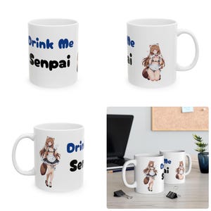 Raphtalia: Drink Me Senpai - Raccoon Girl Maid Outfit Anime Waifu Ceramic Mug Coffee Cup, Cute Drinkware for Otakus,  Anime Art Kawaii Decor