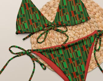 Conjunto de bikini de tiras reciclado: estampado integral, traje de baño de verano con protección UPF 50+
