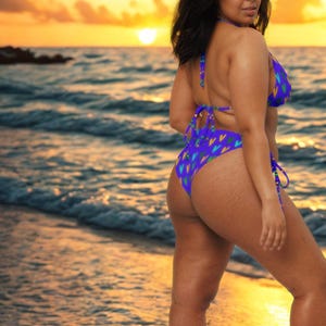 May include: A woman wearing a blue bikini with a colorful heart pattern stands on a beach at sunset. The two-piece swimsuit has tie closures. The ocean waves reflect the golden light of the setting sun.