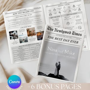 Periódico de bodas, Programa de bodas en periódico, Plantilla de programa de bodas, Plantilla de periódico, Programa de bodas, Itinerario de bodas, Momentos de recién casados