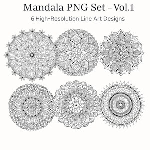 Mandala PNG Set – 6 Black & White Digital Line Art Designs