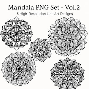 Mandala PNG Set - Vol.2 5 High-Resolution Hand-Drawn Line Art Designs