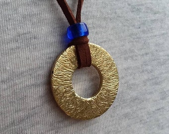 Brass Washer Distressed Necklace Rustic Necklace Brass Circle Pendant Hammered Rustic Necklace Faux Suede Necklace Sunshine Necklace Shiny