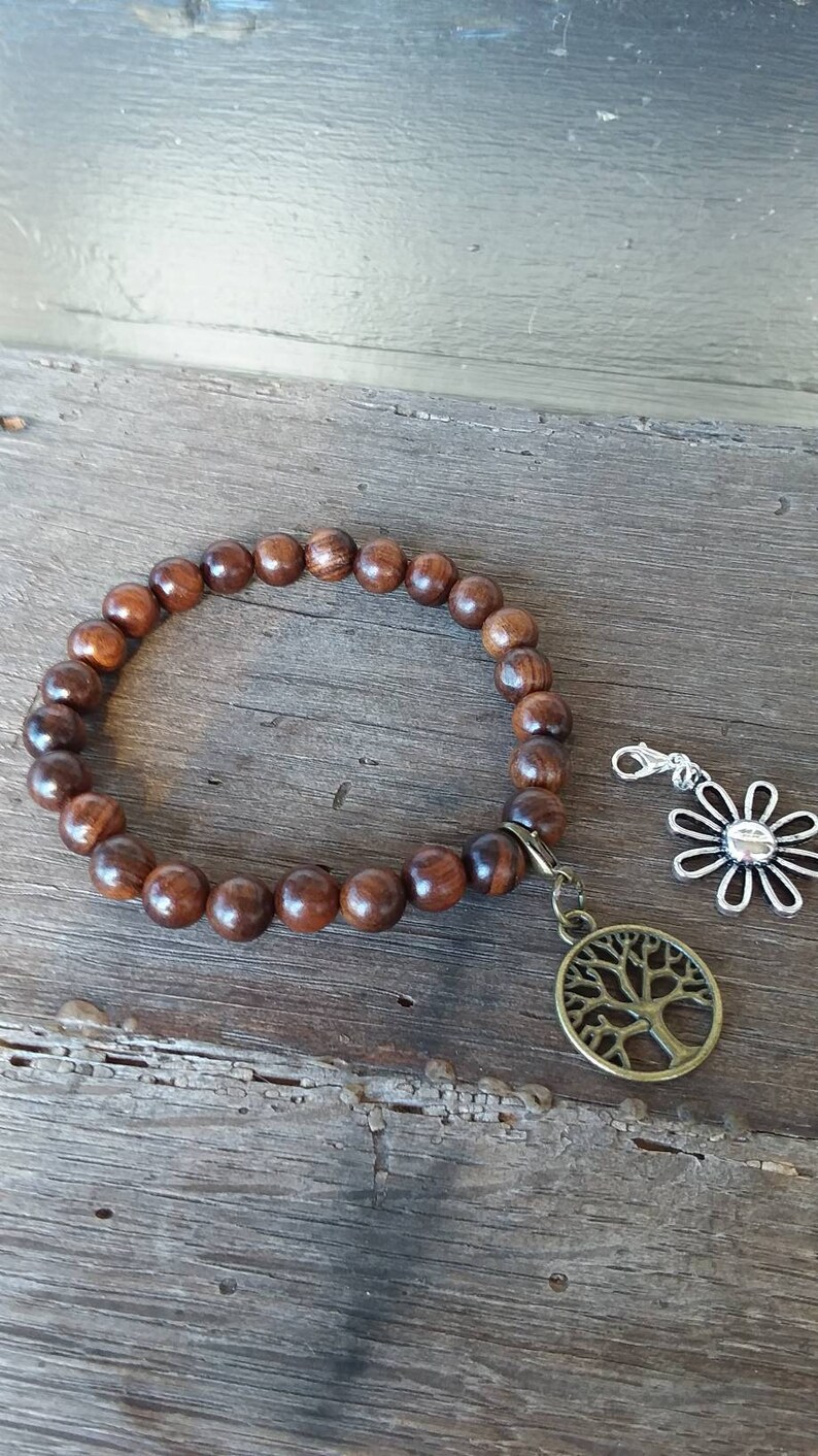 Wood Bead Bracelet Tree of Life Charm Bracelet Beaded Bracelet Black ...
