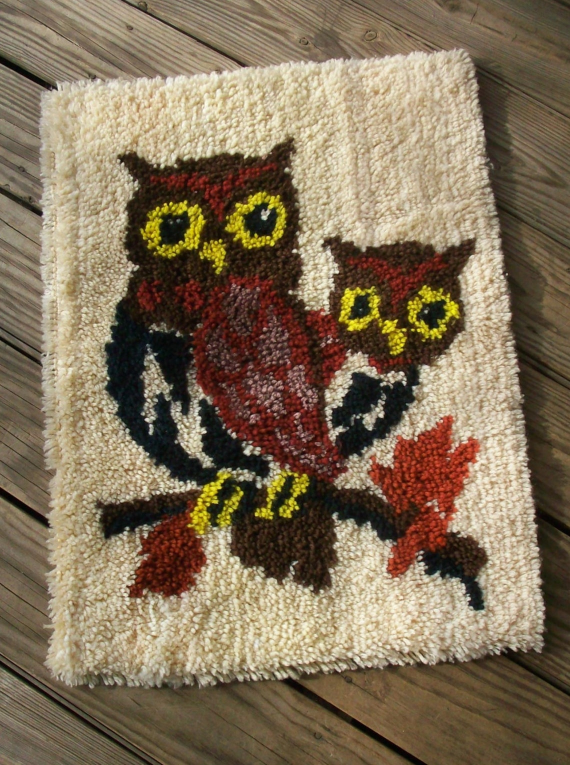 Vintage Rug Art Handmade Latch Hook Rug Owl Art Owl Rug Latch Etsy