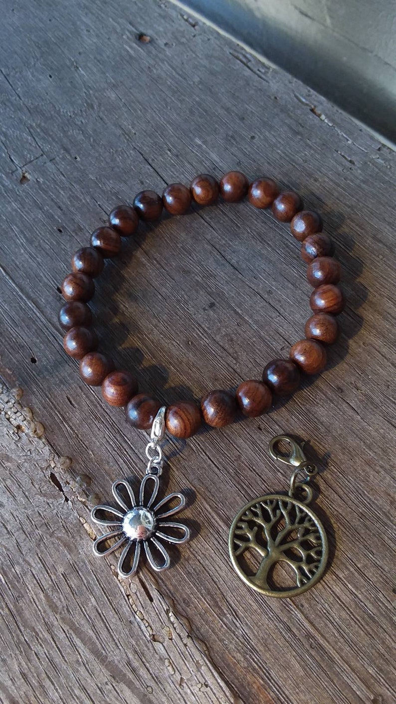 Wood Bead Bracelet Tree of Life Charm Bracelet Beaded Bracelet Black ...