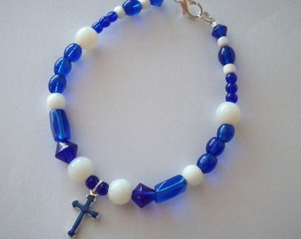 Cross Bracelet Blue and White Glass Beaded Cross Bracelet Blue Bead Bracelet Charm Bracelet Cross Bracelets Beaded Bracelet With Cross Charm