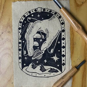 Linocut Art Print &quot;Hand of Cosmo&quot; linoprinted by blueshack, Art gift for Cosmic lover, home decor, wall art piece