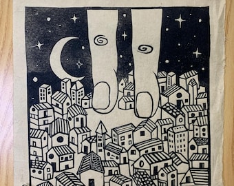 Linocut Art Print: "The Rooftops" on Handmade Do Paper