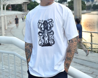 Handprinted Octopus T-Shirt: Woodcrave Graphic Tee, Mystical Nature Shirt
