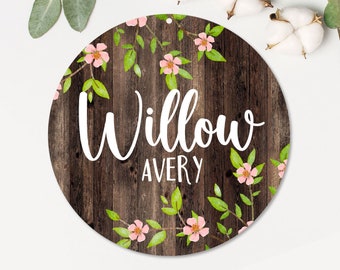 Cherry Blossom Name Sign | Round Floral Nursery Sign | Baby Name Photo Prop Sign | Nursery Door Hanger | Girl Nursery Rustic Decor Sign