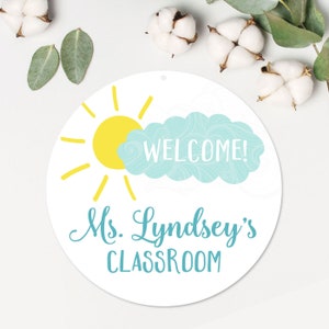 Teacher Door Sign | Metal Classroom Sign | Personalized Metal Door Hanger | Teacher Appreciation | Sunshine and Clouds | School Teacher Gift