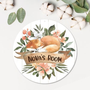 Fox & Flowers Door Sign | Kids Woodland Room Door Sign | Watercolor Fox Door Sign | Door Hanger | Nursery Baby Decor | Personalized Sign