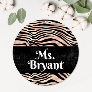 Teacher Sign | Metal Classroom Sign | Personalized Metal Door Hanger | Teacher Appreciation | Rose Gold Zebra Print | School Teacher Gift