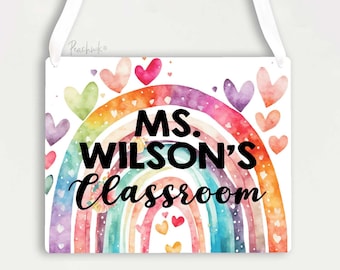 Rainbow Teacher Door Sign | Metal Classroom Sign | Watercolor Pastel Rainbow | Personalized Door Hanger | Teacher Sign | School Teacher Gift