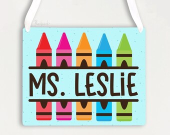 Teacher Door Sign | Crayon Metal Classroom Sign | Personalized Metal Door Hanger | Teacher Appreciation | Crayon Sign | School Teacher Gift