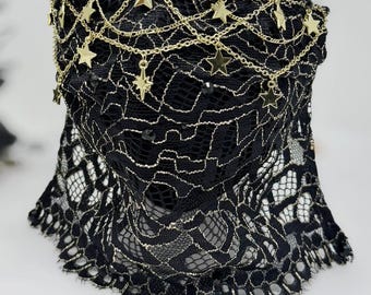 Black and Gold Lace Mouth Mask with Chains and Star Charms, Goth Face Cover