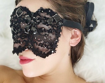 Sexy Black Lace Masquerade Mask, Full Face Sheer Floral Lace Fetish Blindfold, Bachelorette Party Sleep Mask, Gothic Wedding Gift for Her