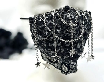 Sheer Lace Face Mask with Chains, Black and Silver Gothic Face Veil, Floral Lace Face Cover, Rhinestone Face Mask, Gothic Wedding Accessory