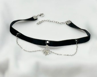 Thin Black Velvet Choker Necklace with Gothic Star Charm, Celestial Pendant Jewelry Choker Necklace, Rhinestones and Chains Statement Collar