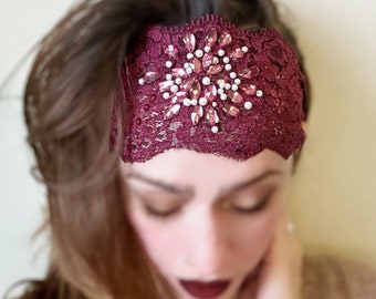 Embellished Wide Lace Headband, Red Floral Stretch Lace Head Wrap, 1920s Flapper Hairband, Rhinestones and Pearls Beaded Hair Accessory Gift