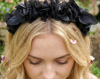 Black Floral Crown Headband, Gothic Flower Headpiece Hairband Hair Accessory Gifts for Her