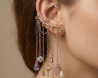Rose Gold Chain Ear Cuff Non Pierced Dangle Ear Wrap Climber with Charms