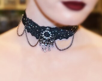 Black Lace Choker Necklace, Gothic Chain Choker Collar with Rhinestone O Ring Rhinestone Pendant, Upcycled Jewelry Stretch Elastic Choker