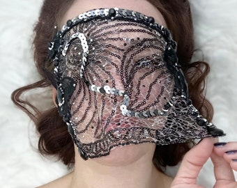 Sheer Lace Masquerade Mask, Full Face Mask, Sheer Floral Lace Fetish Blindfold, Bachelorette Party Sleep Mask, Gothic Wedding Gift for Her