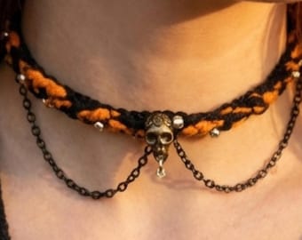 Pirate Skull Choker Necklace, Black and Orange Gothic Halloween Choker, Spooky Cosplay Jewelry