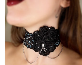 Blue and Black Lace Choker Necklace, Victorian Gothic Black Flower Choker with Chains, Wide Lace Collar, Bridal Wedding Jewelry Gift for Her