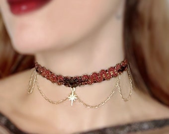 Red and Black Velvet Choker Necklace, Victorian Gothic Collar, Star Charm Chain Choker, Bridal Wedding Jewelry, Valentines Day Gift for Her