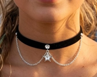 Thin Black Velvet Star Choker Necklace with Silver Chains and Rhinestones, Celestial Jewelry Gifts