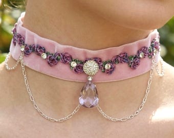 Pink Velvet Rose Choker Necklace, Victorian Floral Collar, Romantic Cottagecore Jewelry Gifts for Her