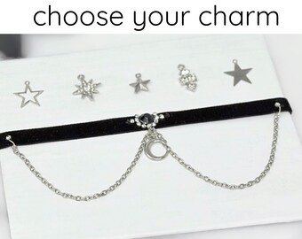 Custom Star Charm Choker Necklace, Thin Black Velvet Choker, Gothic Wedding Jewelry, Pendant Choker with Chains, Layering Necklace Mom Gift