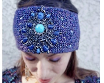 Purple Blue Knitted Headband with Upcycled Jewels, Handmade Jewelled Turban Ear Warmer, Hand Knit Boho Style Head Wrap Artsy Gift for Her