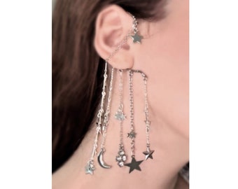 Moon & Star Dangle Drop Ear Cuffs, Celestial Non-Pierced Fairy Ear Cuff with Tassel Chains and Charms, Ear Wrap Bridal Jewelry Handmade Gift