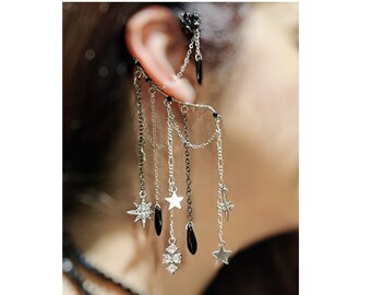 Celestial Stars Dangle Ear Cuff, No Piercing Earrings, Crystal Gothic Ear Cuff, Single Ear Cuff Earring, Whimsigoth Jewelry Gift for Her