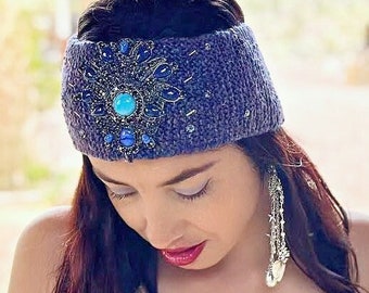 Purple Blue Knitted Headband with Upcycled Jewels, Handmade Jewelled Turban Ear Warmer, Hand Knit Boho Style Head Wrap Artsy Gift for Her