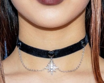 Black Velvet Choker: Star Charm Rave Necklace with Chains, Handmade Jewelry Gifts for Her