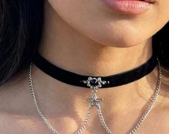 Black Velvet Star Choker Necklace with Silver Chains, Gothic Celestial Jewelry Gifts for Her