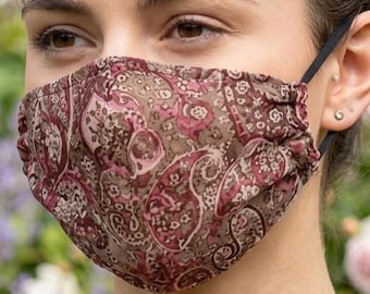 Pink Paisley Chiffon Face Mask, Dusty Rose Floral Sheer Face Covering